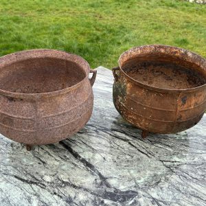 Matching pair of original cast iron 'pixie-ear' 3 legged cooking pots/garden planters